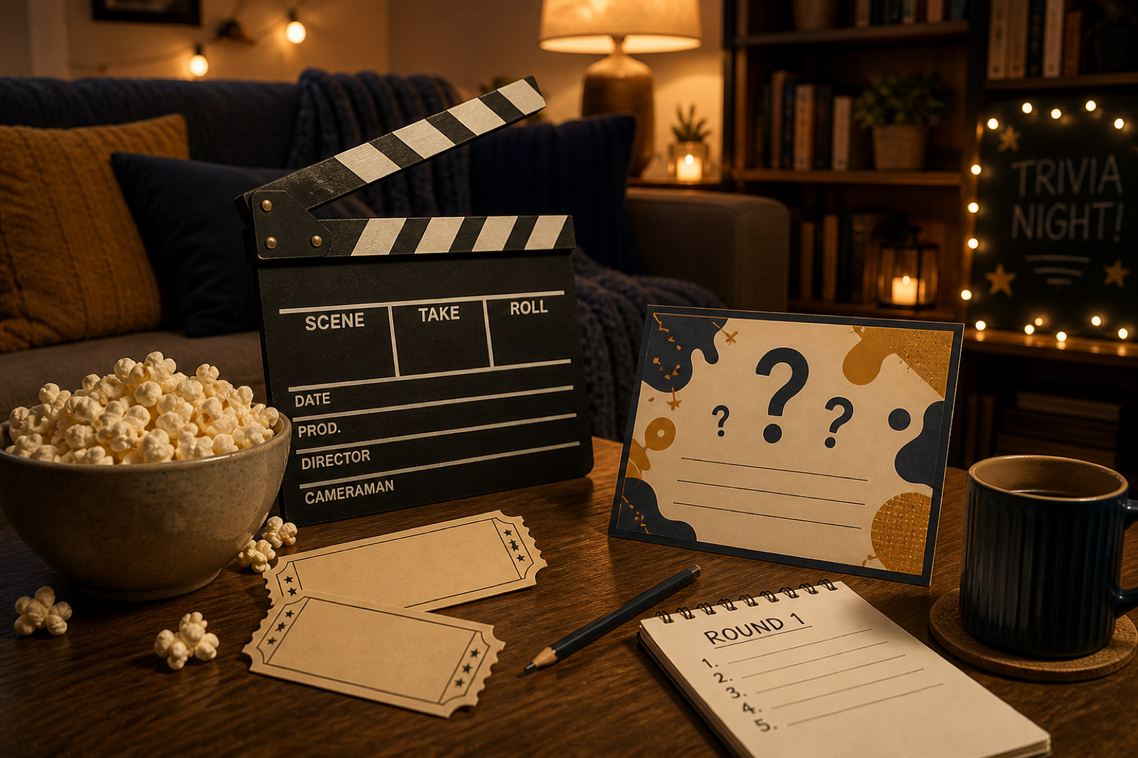 Movie trivia night with a quiz card and popcorn