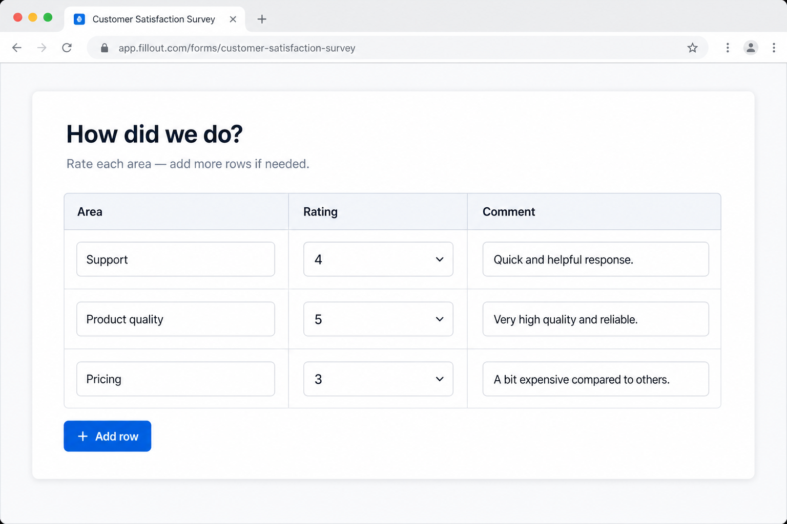 Satisfaction form with a table: Area, Rating 1–5, and Comment columns, plus an Add row button.